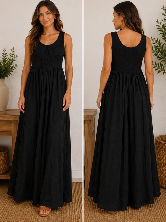 Neiman Marcus Dresses & Skirts - Neiman Marcus Black Cotton Sleeveless Maxi Dress Smocked Bodice Cottagecore